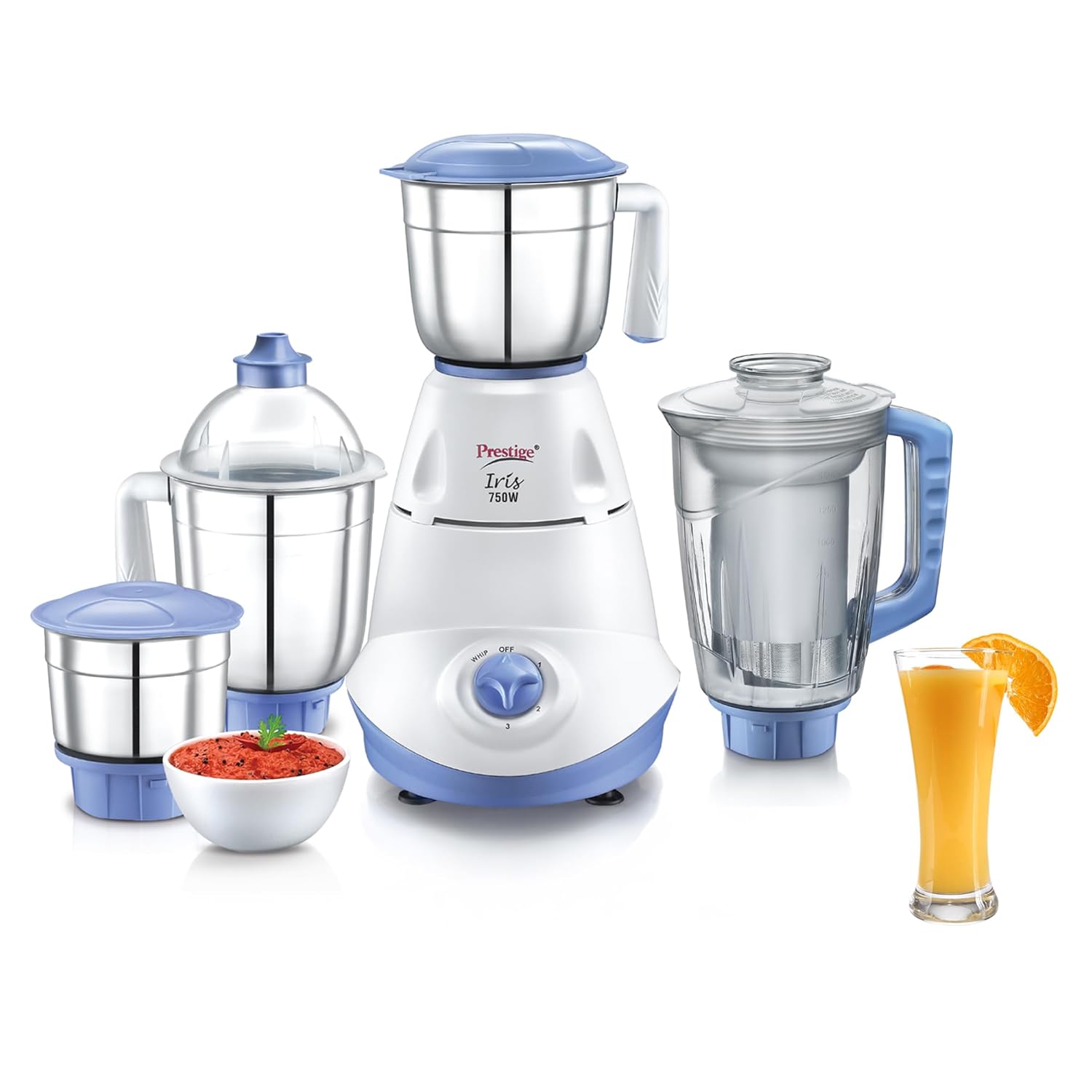 Prestige Iris 750 Watt Mixer Grinder with 3 Stainless Steel Jar + 1 Juicer Jar (White and Blue)